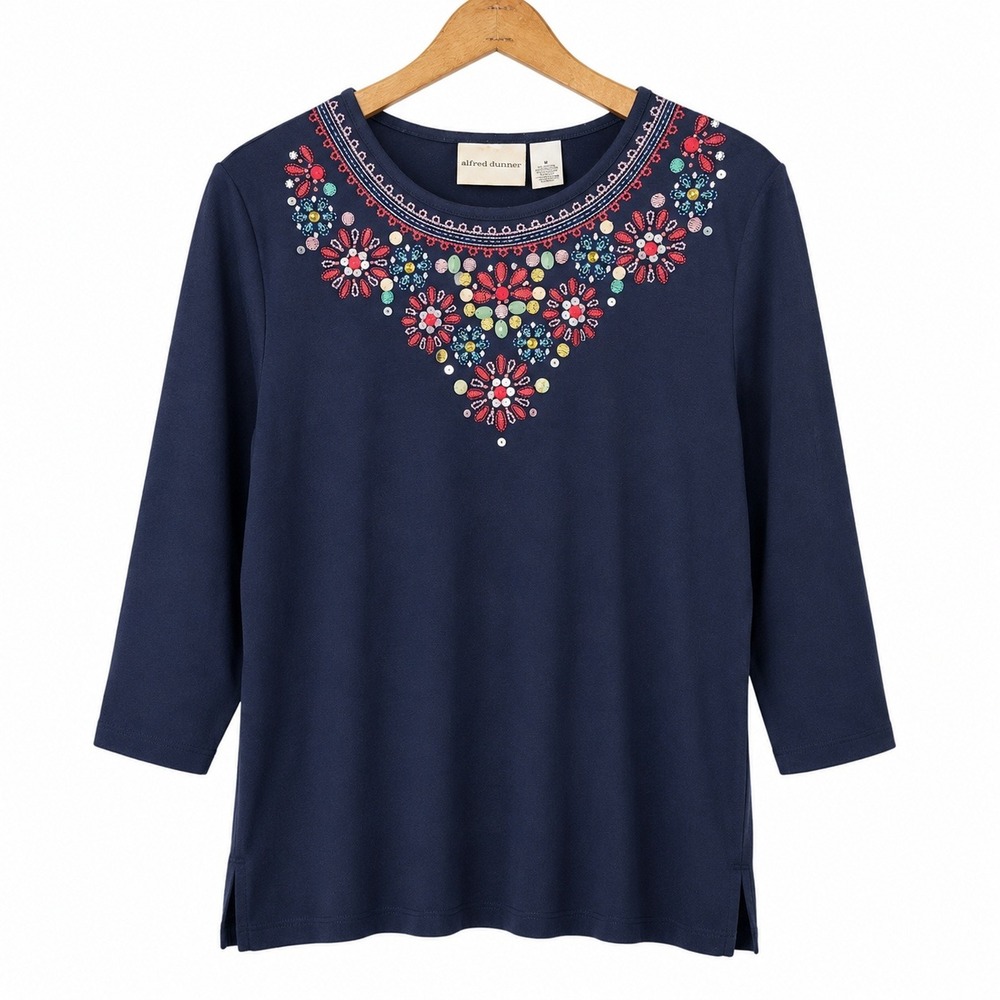 Alfred Dunner Embroidered Top Womens M Navy Blue Good Beaded Floral 3/4 Sleeve